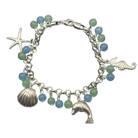 Sea Jewelry - Vintage Sterling Silver Bracelet 925 Chain Sea Horse Jade Charms GSJ signed 7.25